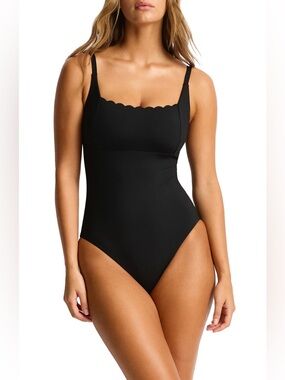 SEA LEVEL SWIM AUSTRALIA Scalloped Square Neck One-Piece Swimsuit in Black Sz: 4
